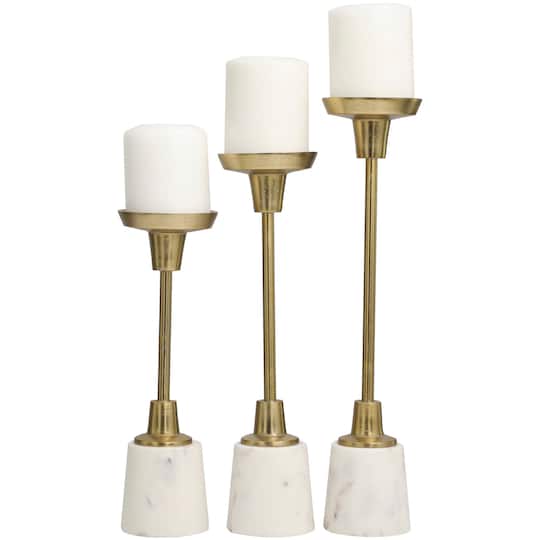 Gold Aluminum Slim Candle Holder with White Marble Base Set